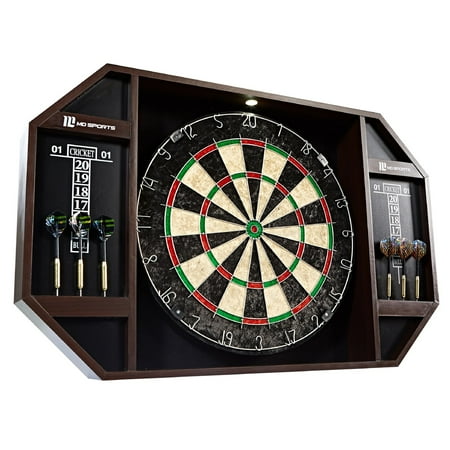 MD Sports Bristle Dartboard Cabinet Set, LED Light, Steel Tip Darts, Brown/Black