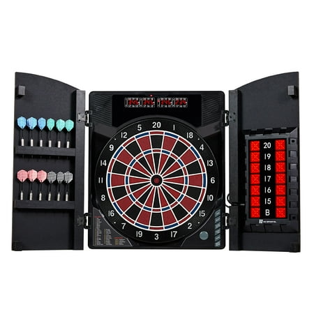 MD Sports - New Haven Smart Dartboard Cabinet With Digital X/O Cricket Scorekeeping and Soft Tip Dart Set - Brown/Black