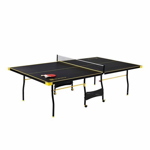 Open Box MD Sports Official Size Ping Pong Table Tennis Table, 4 Piece Foldable Design with Net & Accessories, Black/Yellow