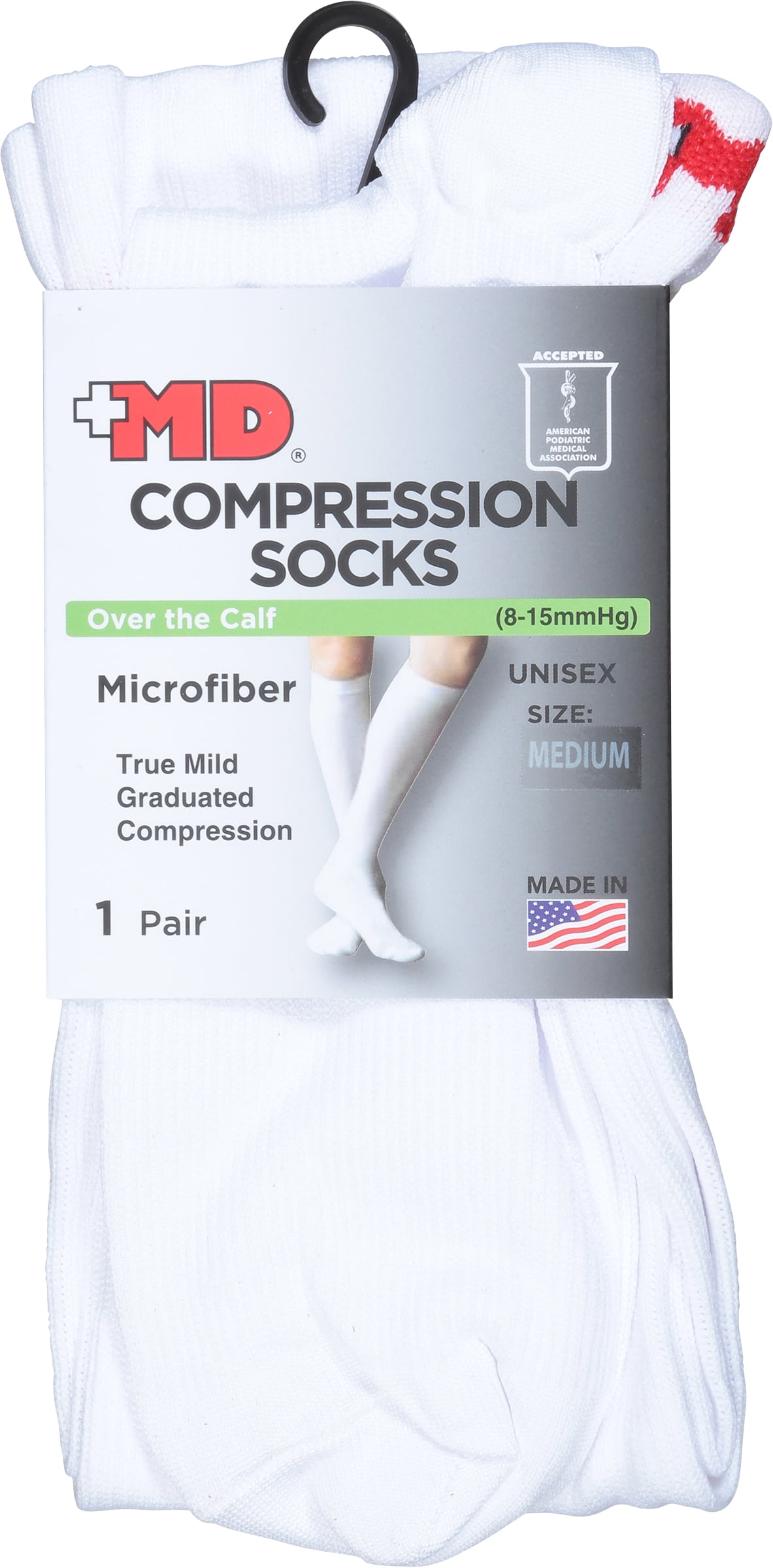 MD USA Flat Knit Micro-Fiber Compression Socks, White, Medium