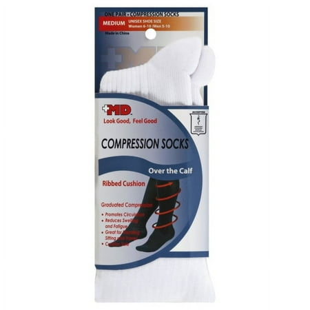 MD USA Ribbed Cotton Compression Socks with Cushion Soles, White, Medium, 1 Pair