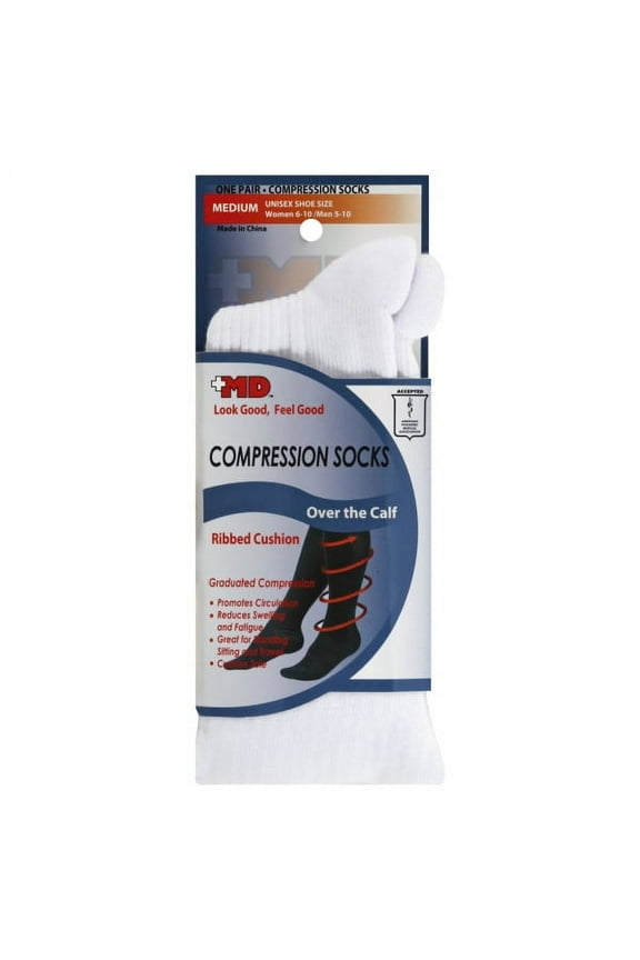 Ribbed Cotton Compression Socks with Cushion Soles, White, Medium, 1 Pair
