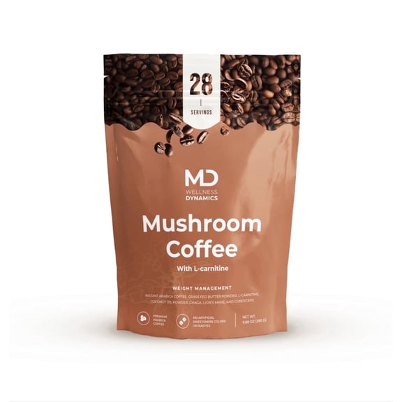 MD Wellness Dynamics Instant Mushroom Coffee with L-Carnitine Gluten-Free, Naturally Caffeinated 1 Pack 9.88 Ounce