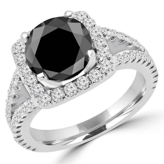 MD160325-3.75 4.75 CTW Round Cut Black & White Diamond Split Shank Halo Engagement Ring in 14K White Gold - Size 3.75