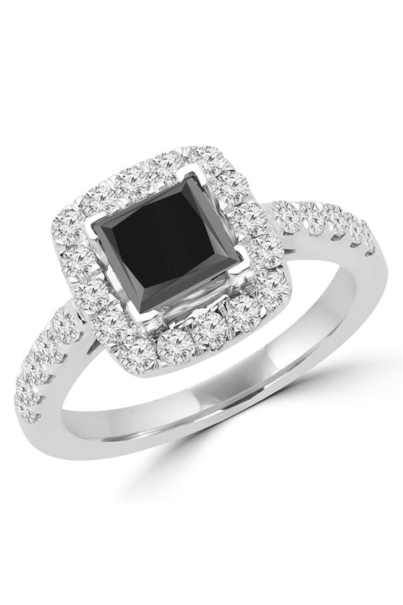 MD160362-3 1.88 CTW Princess Cut Black & White Diamond Halo Engagement Ring in 14K White Gold - Size 3