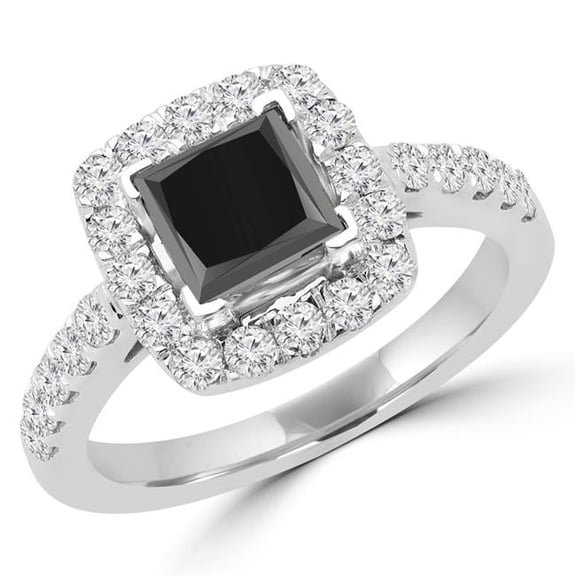 MD160362-3.5 1.88 CTW Princess Cut Black & White Diamond Halo Engagement Ring in 14K White Gold - Size 3.5