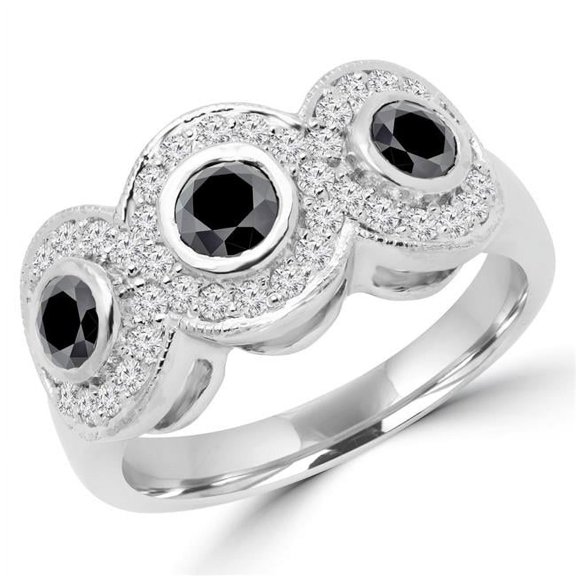 MD170094-8 1.13 CTW Round Black Diamond Halo Three-Stone Engagement Ring in 14K White Gold - Size 8