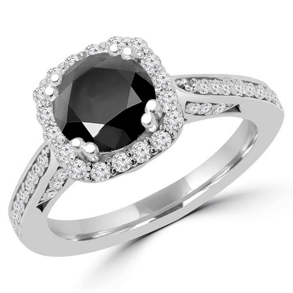 MD170294-6.25 2.25 CTW Round Black Diamond Halo Engagement Ring in 18k White Gold - Size 6.25
