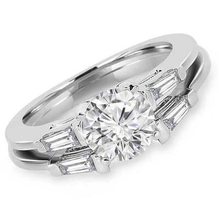 MD170353-9 1 CTW Round Diamond Solitaire with Accents Engagement Ring & Wedding Band Set in 14K White Gold, Size 9