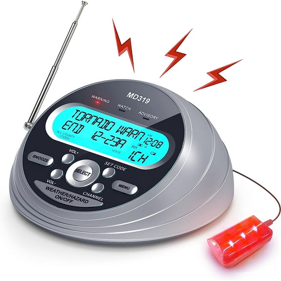 MD319 NOAA Weather Alert Radio with S.A.M.E Localized Programming, 23 County Codes & 80+ Emergency Alerts, Battery Backup, Alarm Clock, External Antenna and Warning Light for Home