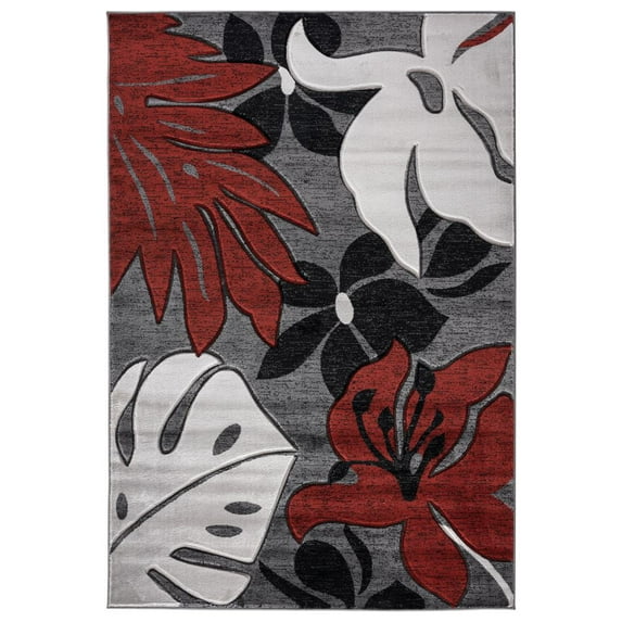 MDA Home Glamour Floral Gray/Red Polypropylene Area Rug - 8'1" x 10'5"