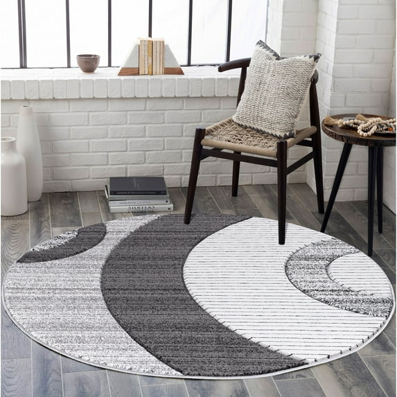 MDA Home Glamour Gray/Black/White Polypropylene Area Rug - 8'1" Round
