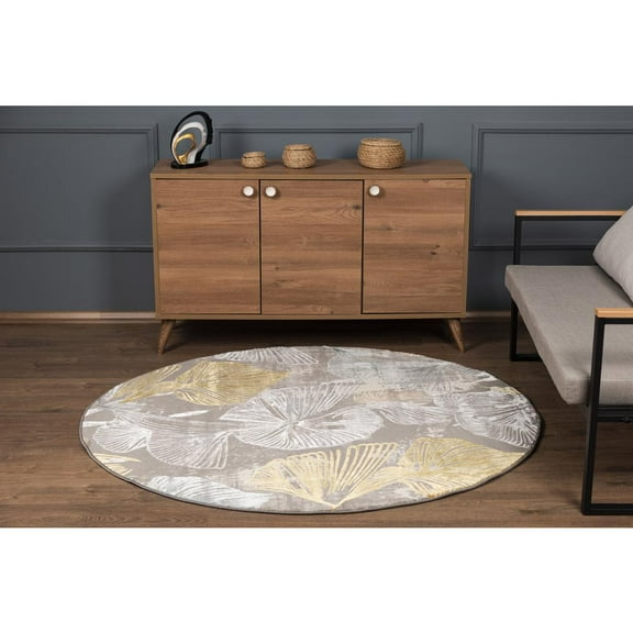 MDA Home London Cream/ Grey Botanical Area Rug - 5'3 x 5'3 Round