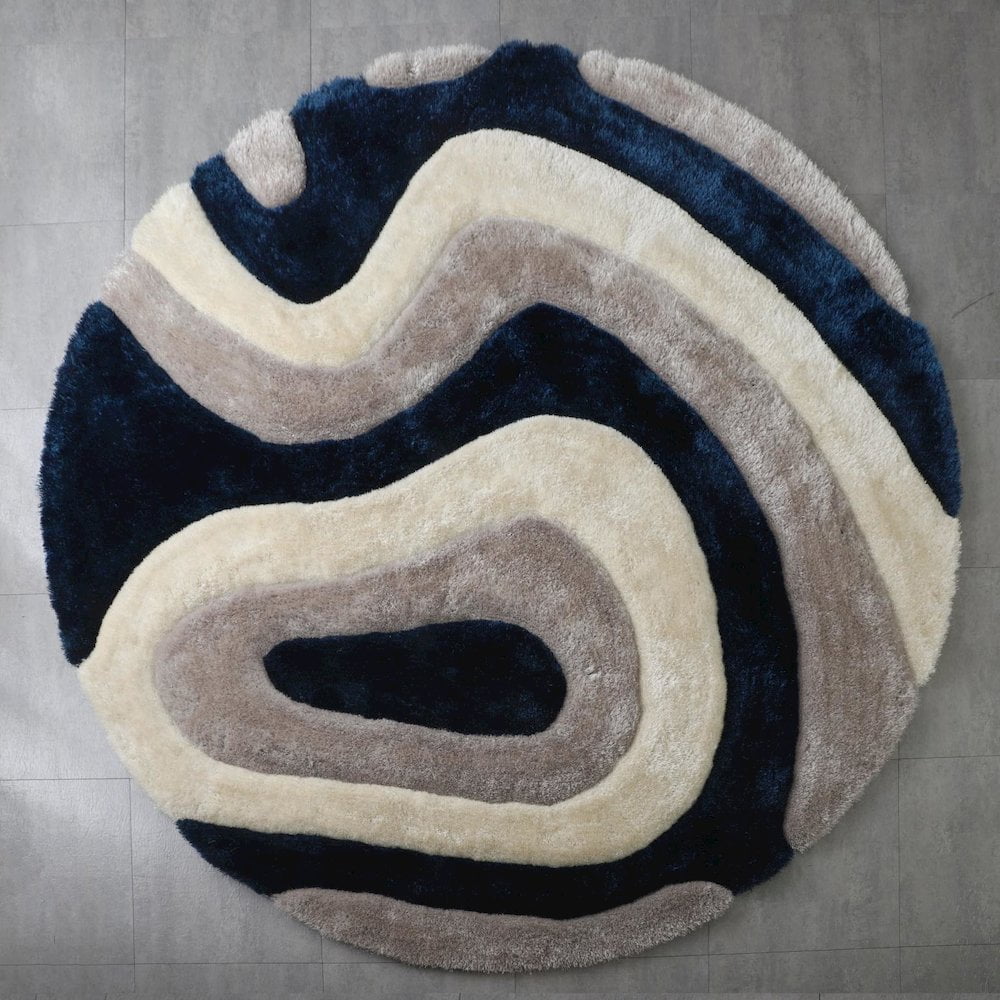 MDA Home Mateos Shag Gray/White/Navy Blue Polyester Area Rug - 7' X 7' Round