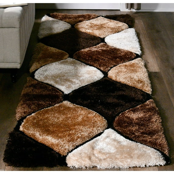 MDA Rug Imports Mateos Shag Collection Area Rug Brown 2'3'' X 8' Trellis, Geometric 8' Runner Ivory, Beige Rectangle