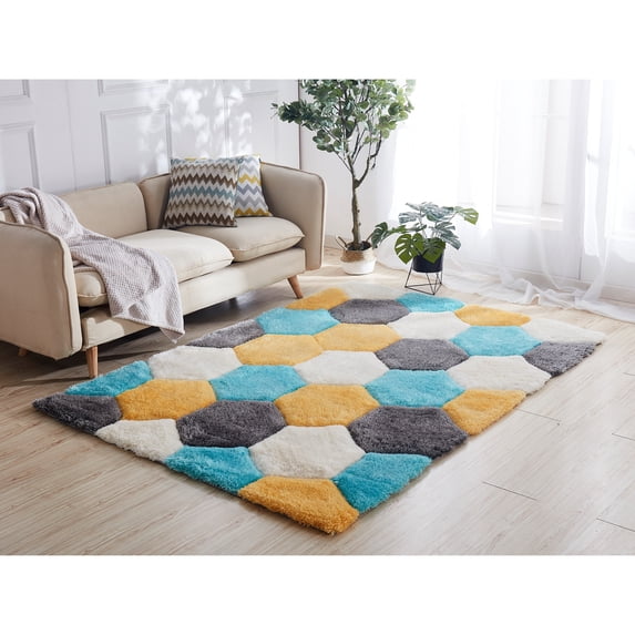 MDA Rug Imports Mateos Shag Collection Blue/Gold Abstract Area Rug 3'5'' X 5'5'' 4' x 6' Rectangle