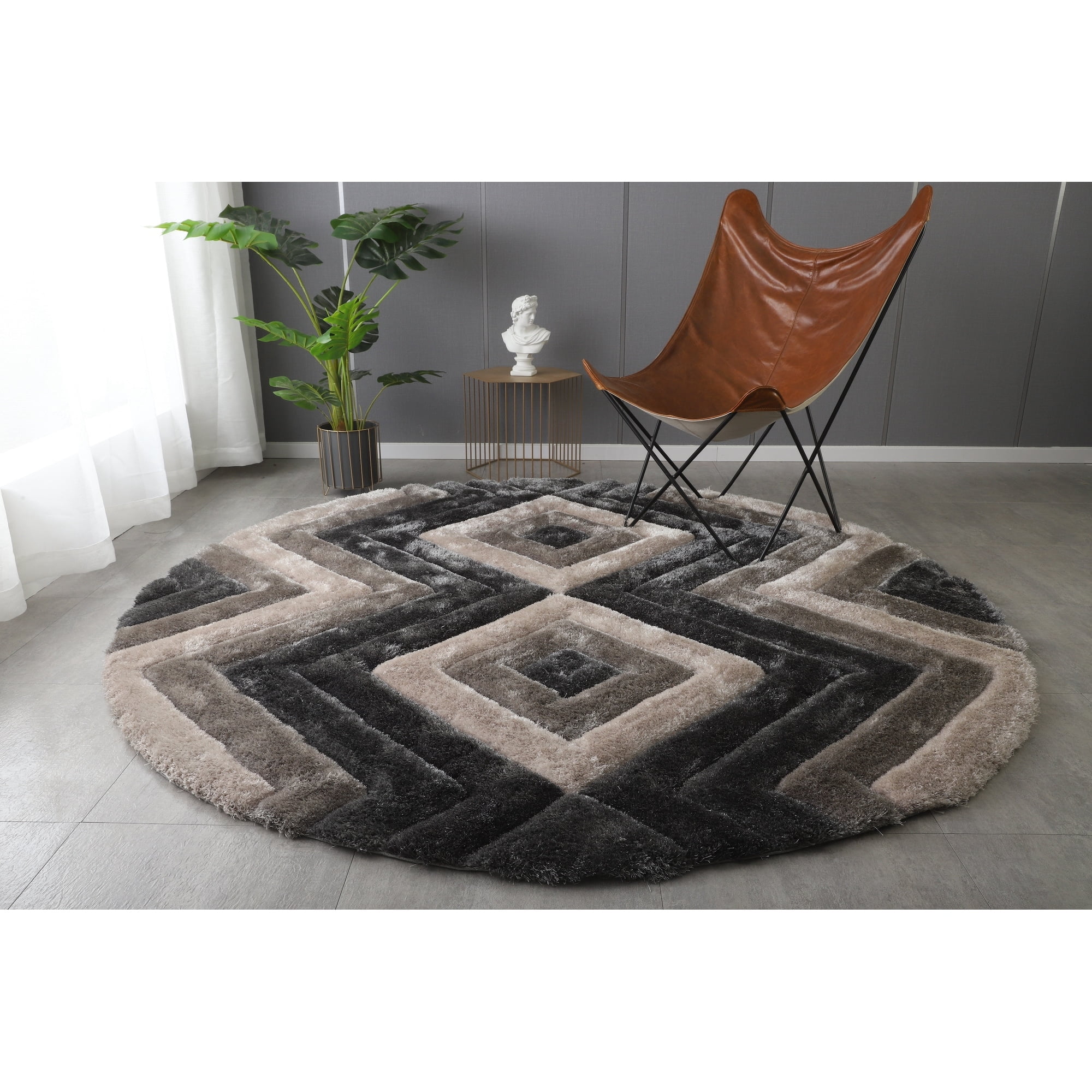 MDA Rug Imports Mateos Shag Collection Geometric Area Rug Grey 7' Round ...