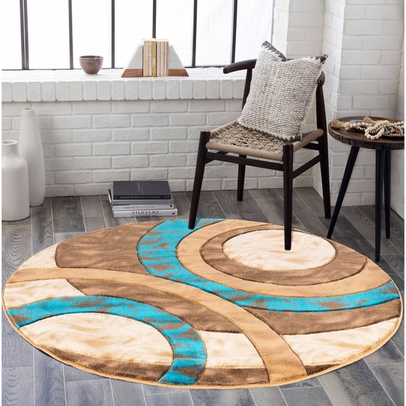 MDA Rug Imports Orelsi Collection Abstract Area Rug Beige/Blue 5'2" Round Geometric,Abstract Stain Resistant 5' Round Indoor,Accent Living