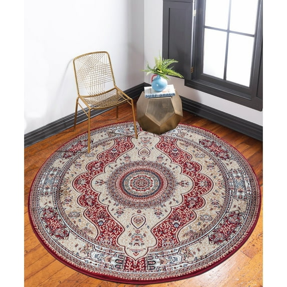 MDA Rugs Prime Collection Border Area Rug Red/Cream 8'1'' Round 8' Round Indoor Round