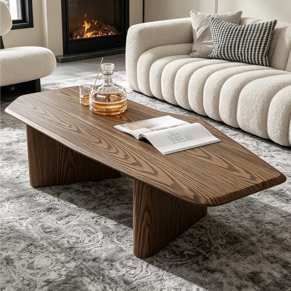 MDAQMD 47.2" Abstract Shaped Coffee Table,Ash Wood Veneer Minimalist Center Table, Walnut Coffee Table,Mid Century Modern Coffee Table for Living Room