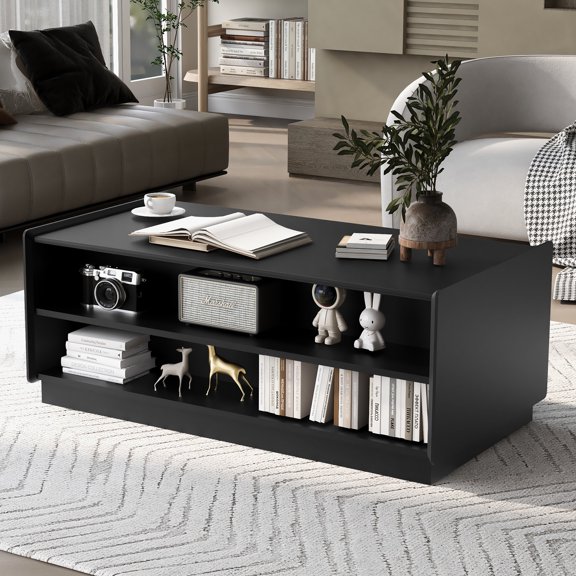 MDAQMD 47.2" Rectangle Coffee Table with 4 Drawers and 2 Display Shelves Tempered Glass Design Wood Coffee Table with Fluted Style for Living Room Black