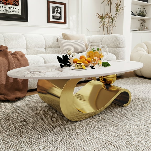 MDAQMD 49.2"Oval Marble Coffee Table, with Stainless Steel Base Modern Luxury Coffee Table for Living Room Stylish Home Deco Easy to Clean Scratch Resistant Gold
