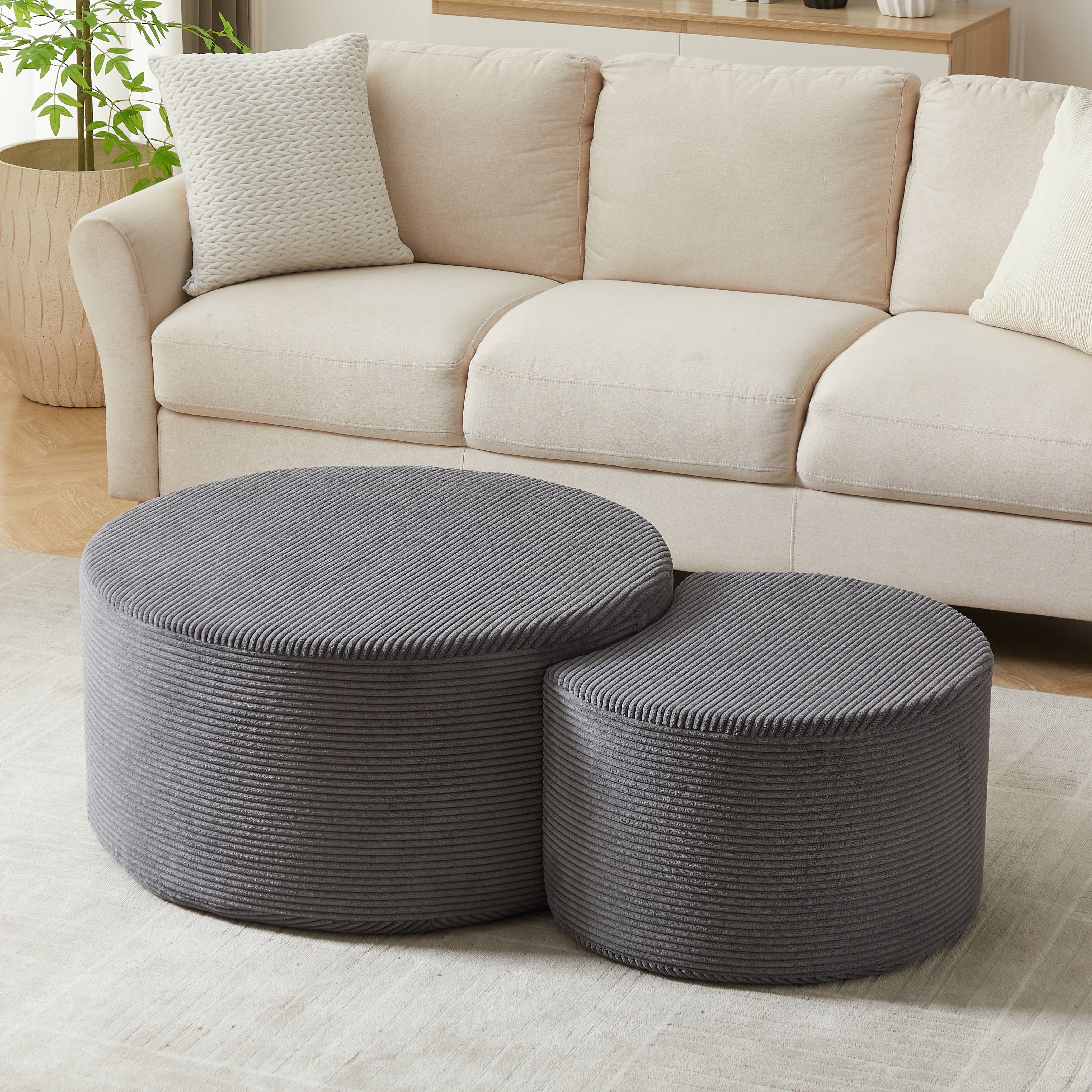 MDAQMD Grey Round Nesting Coffee Table Set of 2, Comfy Corduroy ...