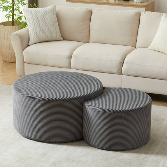 MDAQMD Grey Round Nesting Coffee Table Set of 2, Comfy Corduroy Footrest Ottoman Set of 2,5-in-1 Modern Circle Foam Ottoman, Footrest, Side Table, Coffee Tables, or Bed-end Stools, No Assembly
