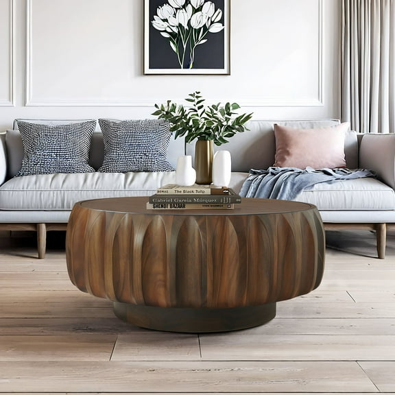 MDAQMD Round Solid Wood Carved Coffee Table,Elegant Sculptural Design,Accent Tea Table for Living Room Apartment Office,Retro Walnut