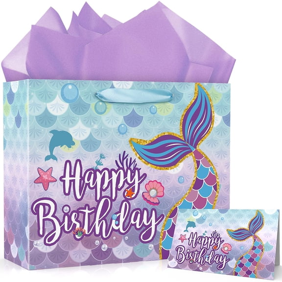 MDCGFOD Birthday Gift Bag Set with Greeting Card (mermaid)