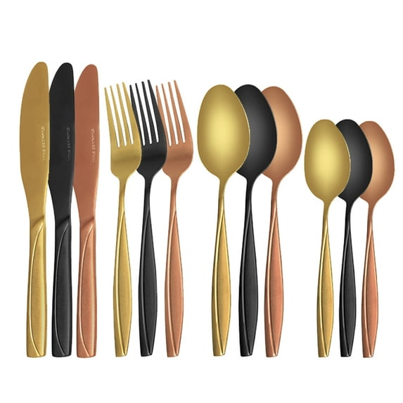 MDEALY 24-Piece Copper Gold Black Mix Colored Silverware Kitchen Utensils Set Stainless Steel Flatware Cutlery Service With Matte Handle for 6 Include Dinner Knife,Forks,Spoon,Teaspoons