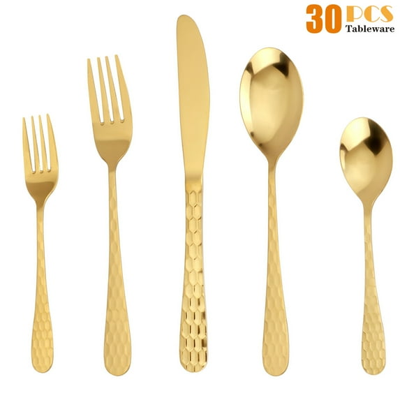 MDEALY 30-Piece Gold Silverware Flatware Cutlery Set, Stainless Steel Kitchen Utensils Set for 6, Include Dinner Knives,Dinner Forks,Dinner Spoons,Salad Forks,Teaspoons, Dishwasher Safe, Elegant Gift