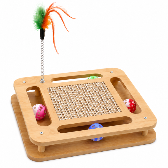 MDF Cat Scratcher Turntable Toy with Feather Wand, Rolling Bell Balls and Sisal Scratching Pad, Square or Hexagon Cat Activity Toy