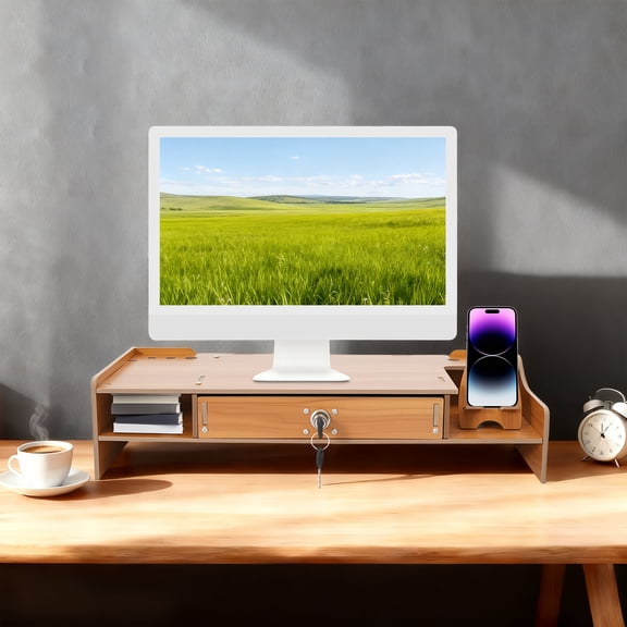 MDF Computer Monitor Stand with Key, Computer Rack with Lockable Drawer, Computer Monitor Screen Booster