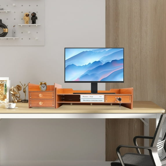 MDF Computer Rack with Drawers, Monitor Stand 3 Drawers (One With A Lock) Wood Computer Monitor Stand