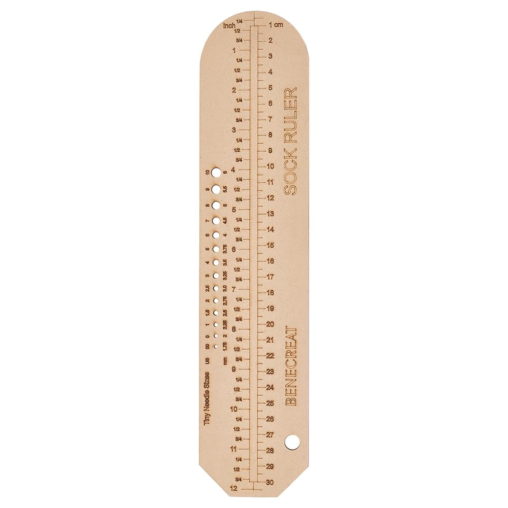 Wooden Sock Template Ruler - Crochet Hook Gauge & Knitting Sock Measurement Tool