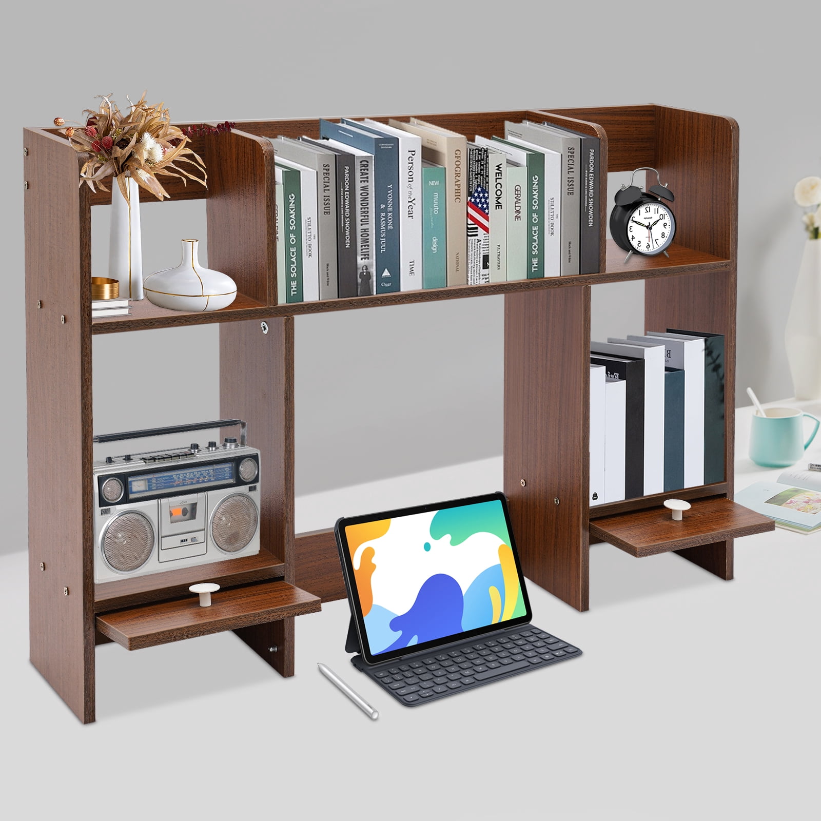 Simple Desktop Storage MDF Desktop Storage Shelves with 2 Drawers and 3 Compartments, 12.6 ...