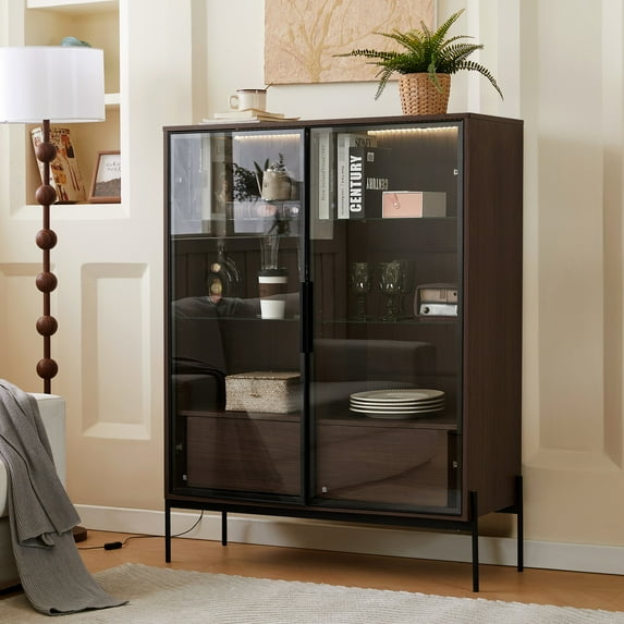 MDF Display Cabinet with LED Strip - 2 Drawers for Extra Storage - Study - Keep Stationery & Documents