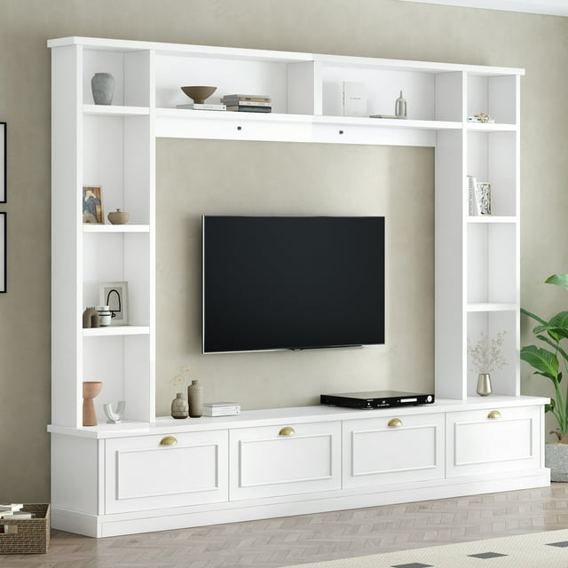 MDF Entertainment Wall Unit with 3 Bookshelves, 8 Display Cabinets and 8 Drawers, TV Stand with Golden Handles for Living Room, White