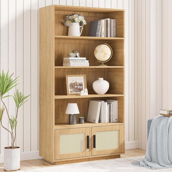 MDF Home 5 Tier Bookself, Boho Bookcase with Rattan Doors, Wooden Bookcase and Bookshelf with Storage, Tall Book Stand, Large Bookshelf for Living Room, Bedroom, Home Office, Kitchen