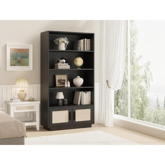 MDF Home 5 Tier Bookself, Boho Bookcase with Rattan Doors, Wooden Bookcase and Bookshelf with Storage, Tall Book Stand, Large Bookshelf for Living Room, Bedroom, Home Office, Kitchen
