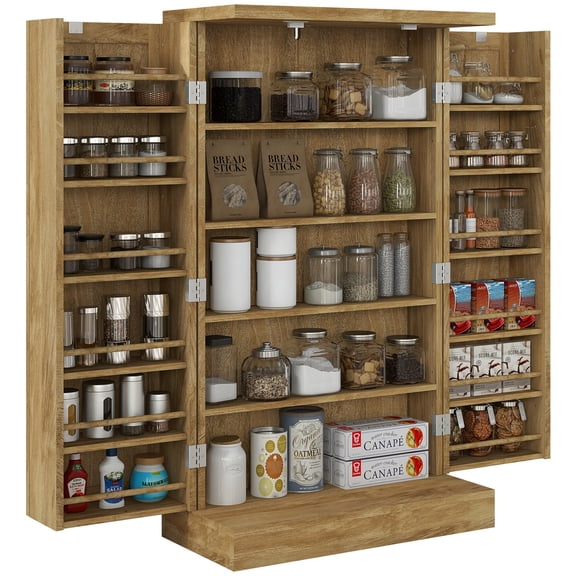 MDF Kitchen Pantry with Double Doors | 12 - tier Side Racks to Prevent Items from Falling | Extra Space for Cookbooks and Spice Jars