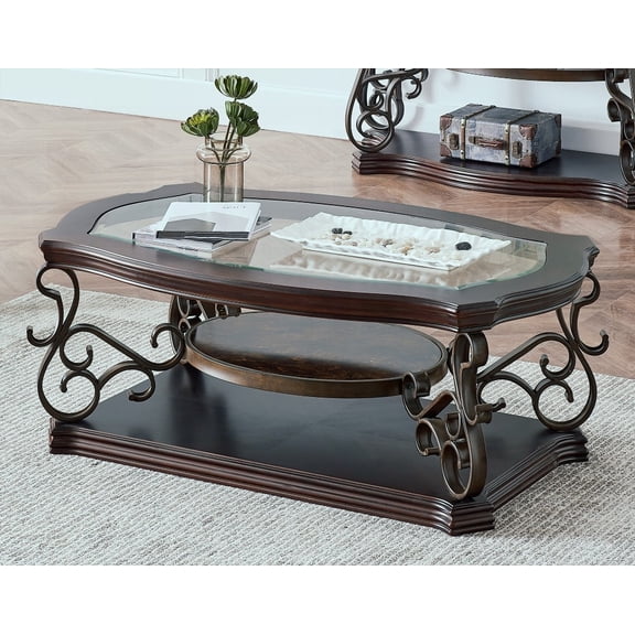 MDF & Marble Paper Middle Shelf Cocktail Table, Powder Coated Metal Legs (52"Lx32"Wx20.3"H), Drama in Details