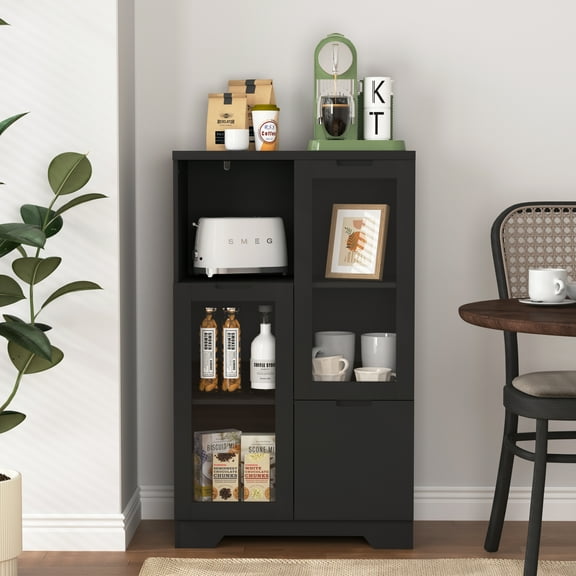 MDF Painted Cabinet with Glass Doors & Drawer, Open Storage, Black