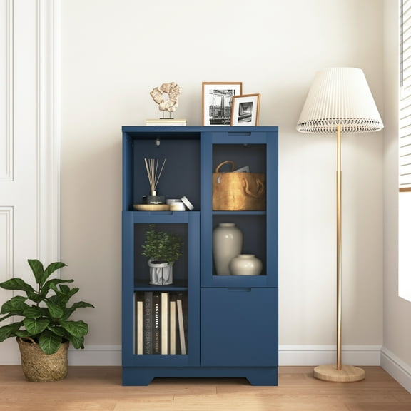 MDF Painted Cabinet with Glass Doors & Drawer, Open Storage, Navy Blue Perfect for Bedroom & Living Room
