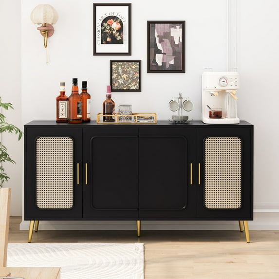 MDF Plastic Rattan Four - Door Cabinet - Stylish Gold Feet Design - Entryway Decor - Add Modern Touch