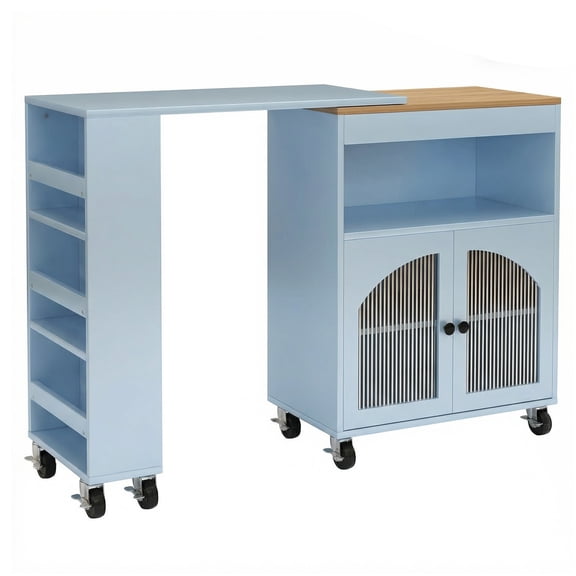 MDF Rolling Kitchen Island with Extended Table, LED Light, Power Outlets, 2 Fluted Glass Doors, Side 3 Open Shelves for exceptional stability, easy cleaning, and flexibility