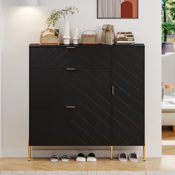 MDF Shoe Storage Cabinet with Flip Drawers & Adjustable Shelves, Modern Entryway Shoe Organizer Cabinet, Black
