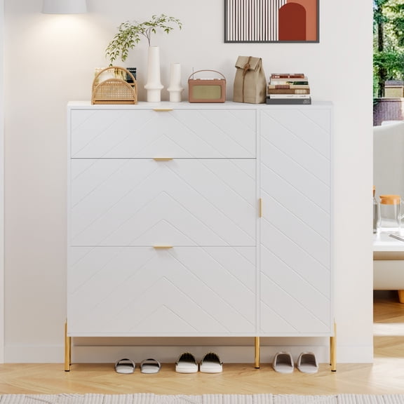 MDF Shoe Storage Cabinet with Flip Drawers & Adjustable Shelves, Modern Entryway Shoe Organizer Cabinet, White