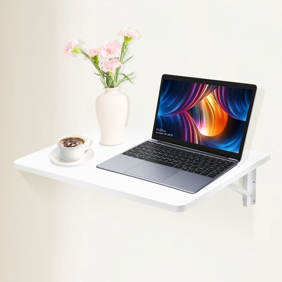 MDF White Wall Mount Floating Folding Computer Desk with 2 Metal Brackets Multi-Function Fold Down Table for Small Spaces Bedroom Bathroom or Balcon Space Saving 60 * 40cm